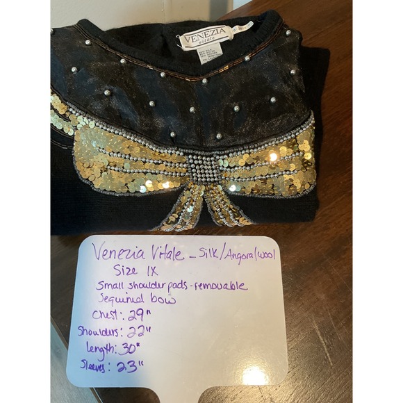 Vintage Venezia Vitale Women's 1x SilkAngora Blend Black Sweater Gold Sequin Bow - Picture 7 of 9